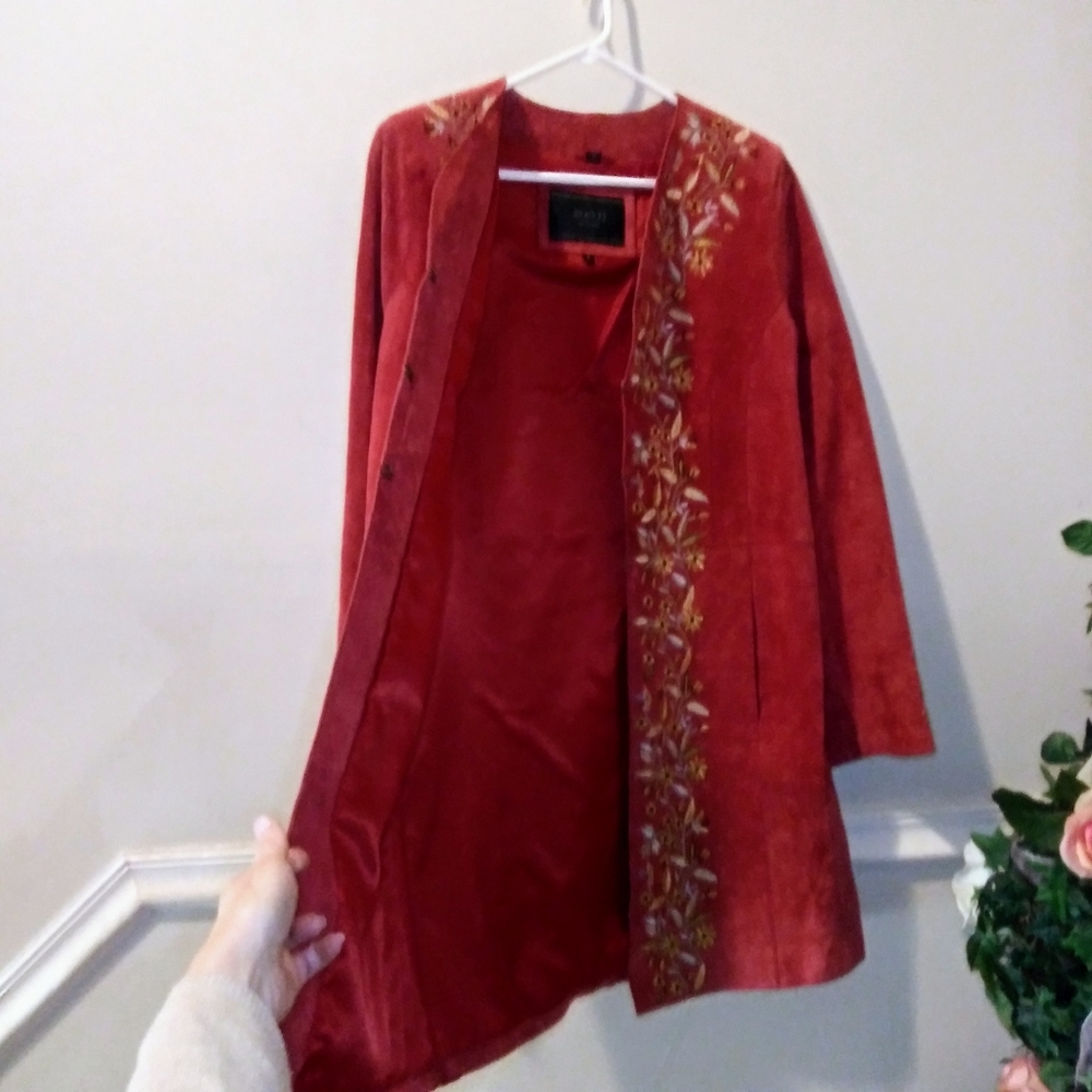 Avanti Boho/Southwestern Brick Red, Floral Embroidered Genuine Suede Coat - Picture 13 of 16